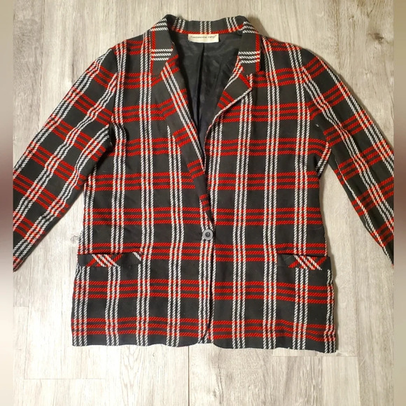 💚5/$25 Fundamental Things Red & Black Plaid Blazer Jacket Size 16 - Picture 1 of 3